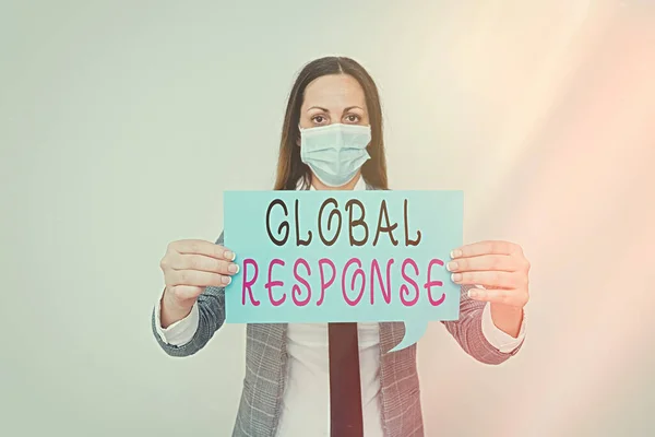 Escritura manual conceptual que muestra la respuesta global. Texto de la foto comercial indica el comportamiento del material fuera del punto de impacto Promover la concienciación sobre la salud con equipo médico de precaución . — Foto de Stock