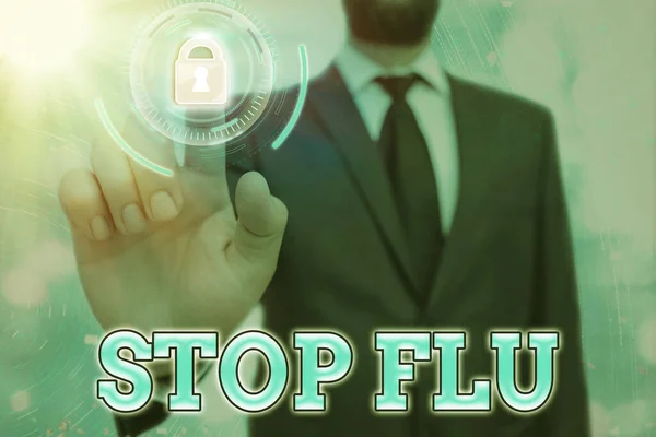 Εννοιολογικό χειρόγραφο που δείχνει το Stop Flu. Επαγγελματικό κείμενο φωτογραφιών θέσει ένα τέλος στην ιογενή λοίμωξη των πνευμόνων και των αεραγωγών σας Γραφικό λουκέτο για web σύστημα εφαρμογής ασφάλειας δεδομένων. — Φωτογραφία Αρχείου