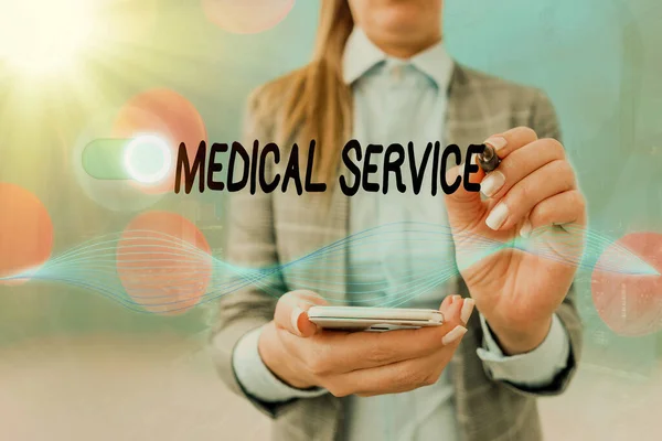 Handstilstextskrivning Sjukvård. Begreppet betyder vård och behandling som tillhandahålls av en licensierad medicinsk leverantör Grafik hänglås för webbdata säkerhet applikationssystem. — Stockfoto