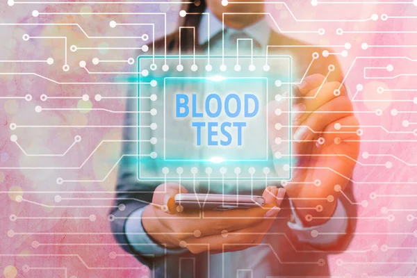 血液検査を示すテキストサイン。概念写真生体から採取した血液サンプルをラボ分析システム管理者制御、ギア構成設定ツールコンセプト. — ストック写真
