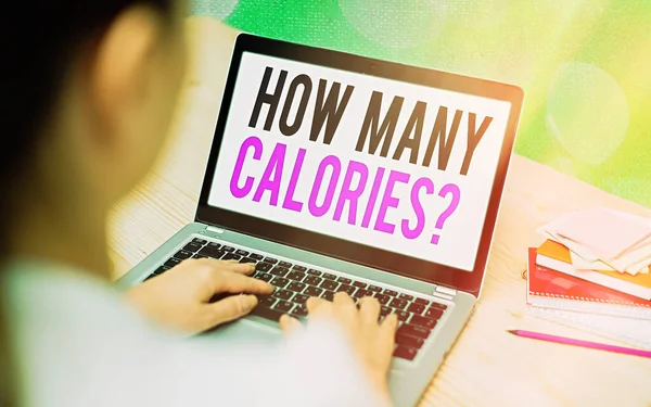 Writing note showing How Many Calories Question. Business photo showcasing asking how much energy our body could get from it Modern gadgets white screen under colorful bokeh background. — Stock Photo, Image