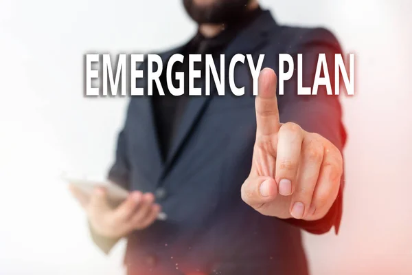 Text sign showing Emergency Plan. Conceptual photo actions to be conducted in a certain order or manner Model with pointing hand finger symbolizing navigation progress growth. — Stock Photo, Image
