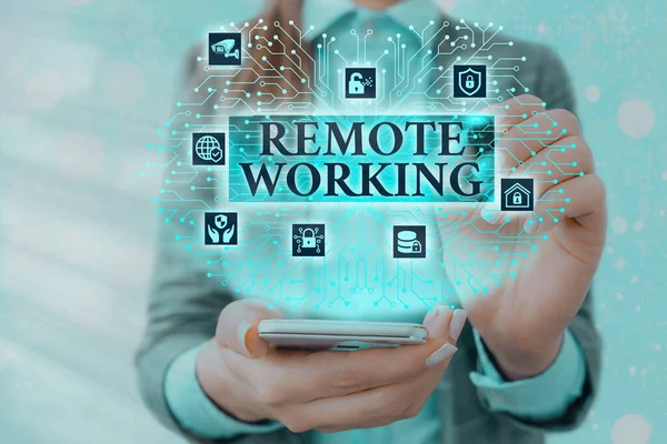 Text sign showing Remote Working. Conceptual photo style that allows professionals to work outside of an office System administrator control, gear configuration settings tools concept.
