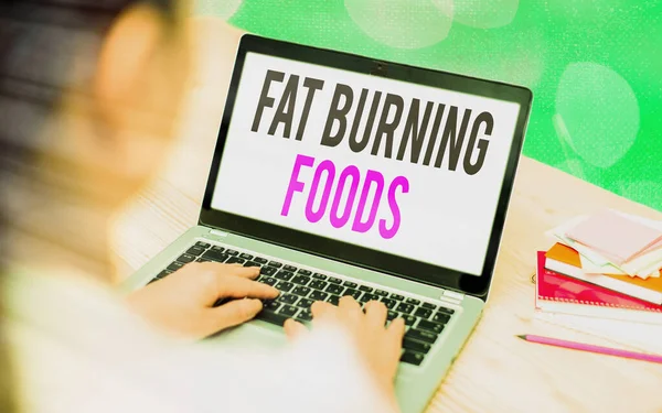 Writing note showing Fat Burning Foods. Business photo showcasing produce fat loss by stimulating metabolism to reduce appetite Modern gadgets white screen under colorful bokeh background. — Stock Photo, Image