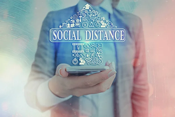 Text sign showing Social Distance. Conceptual photo maintaining a high interval physical distance for public health safety Information digital technology network connection infographic elements icon.