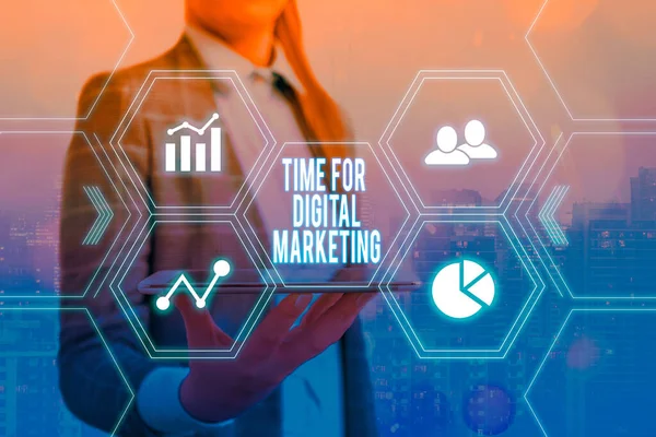 Handschrift tekst Tijd voor Digitale Marketing. Concept betekent voordeel op technologie Social Media Advertising Grids en verschillende opzet van de pictogrammen nieuwste digitale technologie concept. — Stockfoto