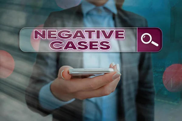 Text sign showing Negative Cases. Conceptual photo circumstances or conditions that are confurmed to be false Web search digital information futuristic technology network connection. — Stock Photo, Image