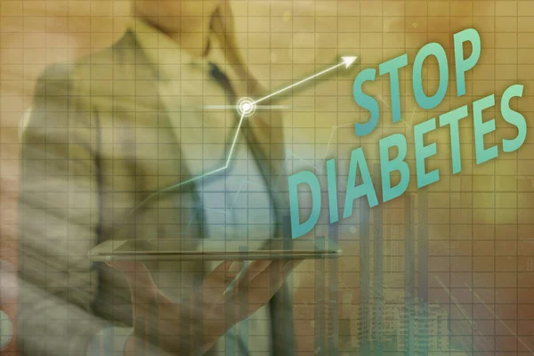 Tekst pisma: Stop cukrzycy. Koncepcja oznacza zapobiec chorobie podwyższonego poziomu glukozy we krwi Symbol strzałki idzie w górę oznaczając punkty wykazujące znaczące osiągnięcie. — Zdjęcie stockowe