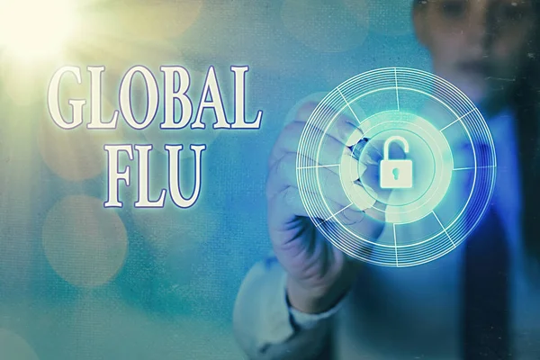 Writing note showing Global Flu. Business photo showcasing Common communicable illness spreading over the worldwide fastly Graphics padlock for web data information security application system.