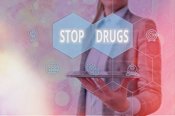 Handwriting text Stop Drugs. Concept meaning put an end on the dependence on substances such as heroin or cocaine Grids and different set up of the icons latest digital technology concept.