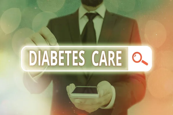 Ordskrivning text Diabetes Care. Affärsidé för att förebygga eller behandla komplikationer som kan uppstå till följd av sjukdomen Webbsökning digital information futuristisk teknik nätverksanslutning. — Stockfoto