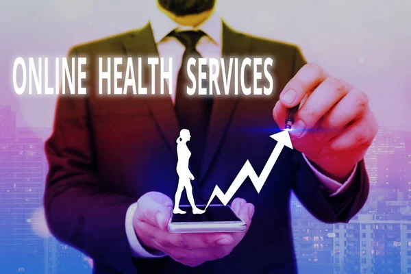 Writing note showing Online Health Services. Business photo showcasing healthcare delivered and enhanced through the internet Arrow symbol going upward showing significant achievement. — Stock Photo, Image