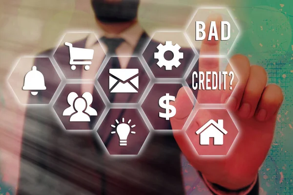 Text sign showing Bad Credit Question. Conceptual photo a bad credit score due to nonpayment of loans Grids and different set up of the icons latest digital technology concept. — Stock Photo, Image