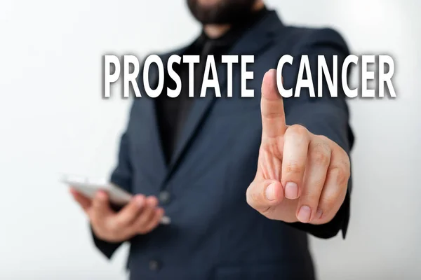 Text sign showing Prostate Cancer. Conceptual photo development of cancer in the male reproductive system Model with pointing hand finger symbolizing navigation progress growth. — Stock Photo, Image