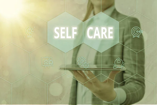 Handwriting text Self Care. Concept meaning the practice of taking action to preserve or improve one s is health Grids and different set up of the icons latest digital technology concept. — Stock Photo, Image