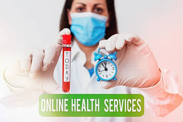 Text sign showing Online Health Services. Conceptual photo healthcare delivered and enhanced through the internet Laboratory blood test sample shown for medical diagnostic analysis result. — Stock Photo, Image