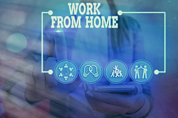 Fogalmi kézírás, amely bemutatja az Otthoni munkát. Üzleti fotó szöveg kommunikál a cég elsősorban otthonról rugalmasan Információs digitális technológiai hálózat infografikai elemek. — Stock Fotó