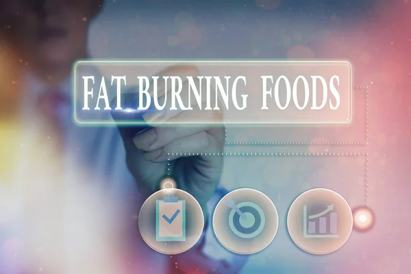 Píšu vzkaz, na kterém jsou Fat Burning Foods. Obchodní foto představení produkují úbytek tuku tím, že stimuluje metabolismus ke snížení chuti k jídlu Informační digitální technologie sítě infografické prvky. — Stock fotografie