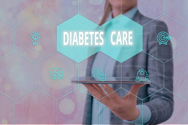 Handstil text Diabetes Care. Begreppet mening förhindra eller behandla komplikationer som kan uppstå till följd av sjukdomen Galler och olika uppsättning av ikoner senaste digital teknik koncept. — Stockfoto