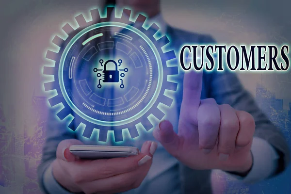 Writing note showing Customers. Business photo showcasing individual or organization purchasing products or services Graphics padlock for web data information security application system. — Stock Photo, Image
