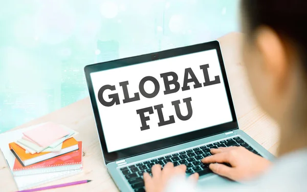 Notatka z Global Flu. Business photo showcasing Wspólna choroba zakaźna rozprzestrzenia się na całym świecie szybko Nowoczesne gadżety biały ekran w kolorowym tle bokeh. — Zdjęcie stockowe