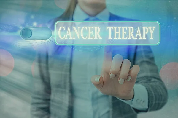 Word writing text Cancer Therapy. Business concept for the treatment of cancer in a patient often with chemotherapy Graphics padlock for web data information security application system. — Stock Photo, Image