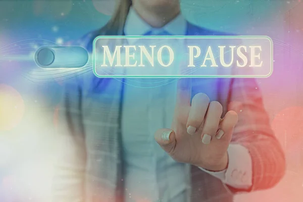Word writing text Meno Pause. Business concept for the process through which a ceases to be fertile or menstruate Graphics padlock for web data information security application system.