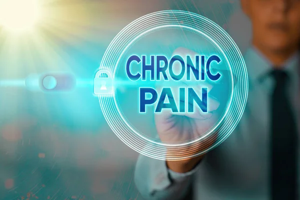 Writing note showing Chronic Pain. Business photo showcasing discomfort that persists or progresses over a long period Graphics padlock for web data information security application system.