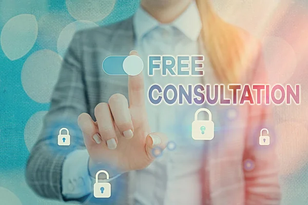 Word writing text Free Consultation. Business concept for a meeting to discuss something or to get advice for free Graphics padlock for web data information security application system.
