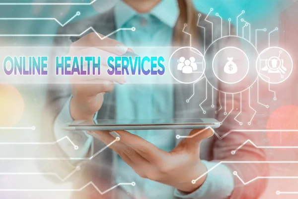 Text sign showing Online Health Services. Conceptual photo healthcare delivered and enhanced through the internet System administrator control, gear configuration settings tools concept. — Stock Photo, Image