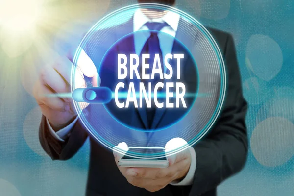 Słowo pisanie tekstu Rak piersi. Biznes koncepcja choroby, w której komórki w piersi rosną poza kontrolą Grafika kłódka dla systemu aplikacji bezpieczeństwa danych internetowych. — Zdjęcie stockowe