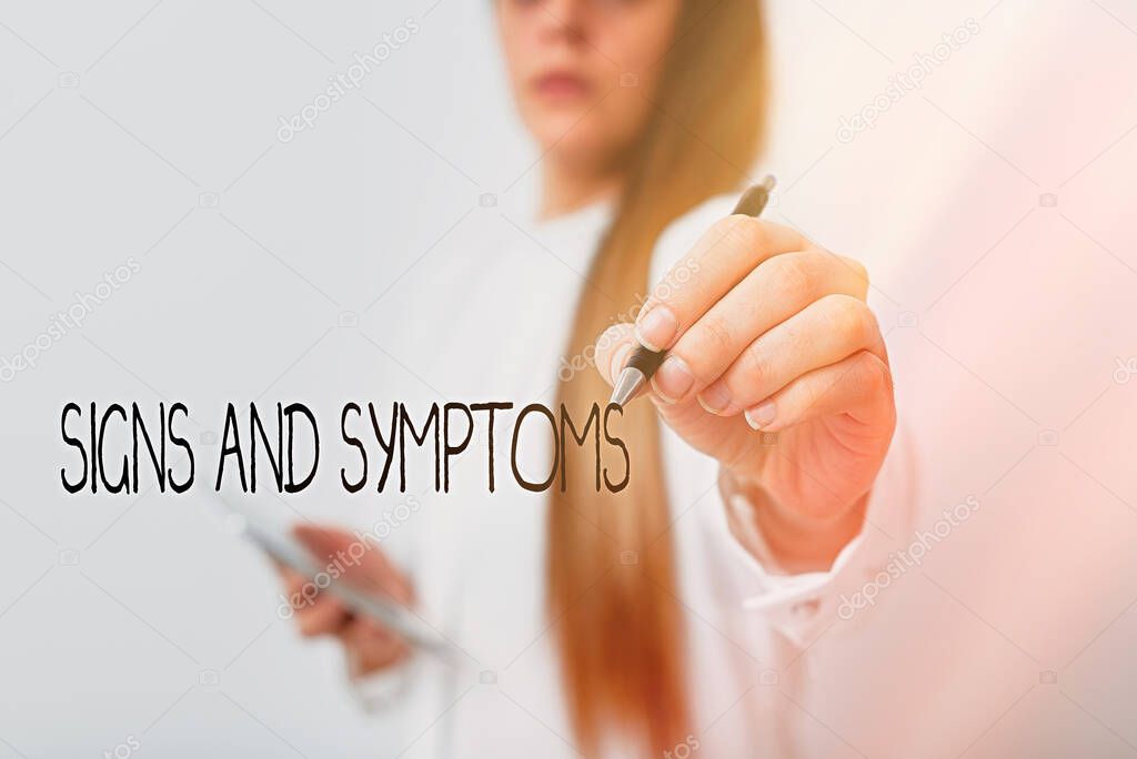 Word writing text Signs And Symptoms. Business concept for abnormalities that indicate a likely medical condition Model displaying different shots of holding pen ready for promotional use.