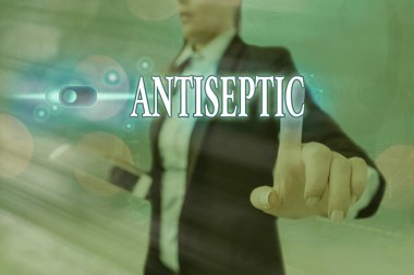 Antiseptik gösteren kavramsal el yazısı. Web veri güvenliği uygulama sistemi için mikroorganizmayı geciktiren ya da tamamen ortadan kaldıran antimikrobik ajanları gösteren iş fotoğrafı.