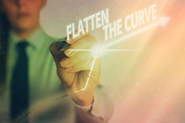 Kelime yazma metni Eğriyi Düzleştir. Bulaşıcı hastalık Arrow sembolünün hızının azaltılması konusunda farkındalık yaratma konsepti önemli bir başarı göstermektedir..