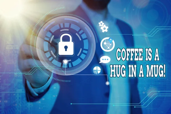 문자 메시지를 작성하는 단어 커피는 A Mug 안에 있다. 웹 데이터 보안 애플리케이션 시스템을 위한 뜨거운 음료 그래픽스 패들을 제공 함으로써 사랑의 감정을 표현하는 비즈니스 개념. — 스톡 사진