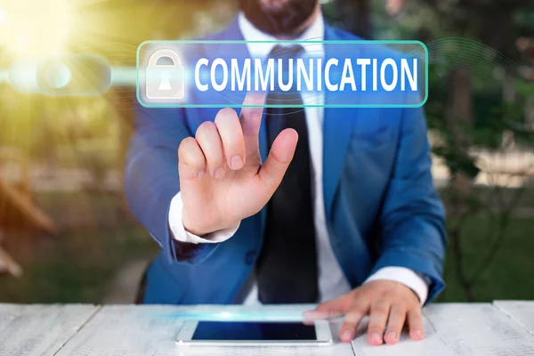 Writing note showing Communication. Business photo showcasing a system whereby information is exchanged between individuals Graphics padlock for web data information security application system. — Stock Photo, Image