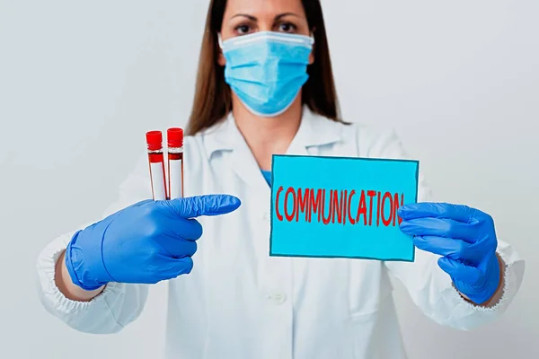 Word writing text Communication. Business concept for a system whereby information is exchanged between individuals Laboratory technician featuring empty sticker paper accessories smartphone. — Stock Photo, Image