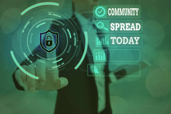 Conceptual hand writing showing Community Spread. Business photo text dissemination of a highlycontagious disease within the local area Graphics padlock for web data security application system.
