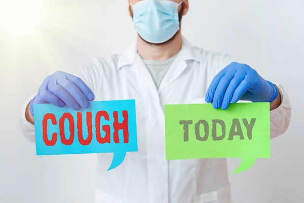 Writing note showing Cough. Business photo showcasing sudden expulsion of air throughout the passages to clear airways Laboratory Technician Featuring Sticker Paper Smartphone. — Stock Photo, Image