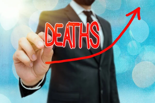 Handwriting text writing Deaths. Concept meaning permanent cessation of all vital signs, instance of dying individual digital arrowhead curve rising upward denoting growth development concept. — Stock Photo, Image
