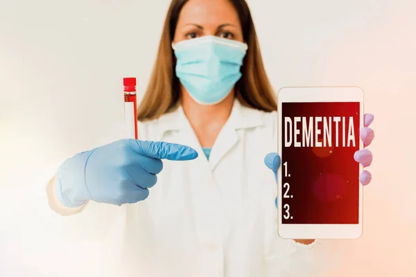 Dementia 'yı gösteren bir mesaj. Kavramsal fotoğraf, hafıza laboratuarı teknisyeninde kayıp olan hastalıklar ve hastalıklar için kullanılan genel bir kelimedir.. — Stok fotoğraf