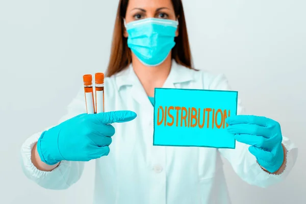 Word writing text Distribution. Business concept for the behavior of several recipients sending something out Laboratory technician featuring empty sticker paper accessories smartphone. — Stock Photo, Image
