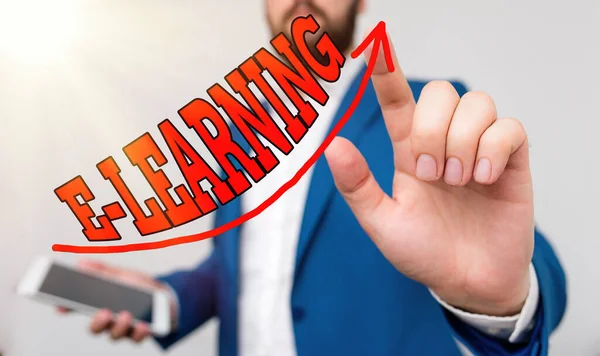 Writing note showing E learning. Business photo showcasing training through electronic media usually over the internet Digital arrowhead curve denoting growth development concept. — Stock Photo, Image