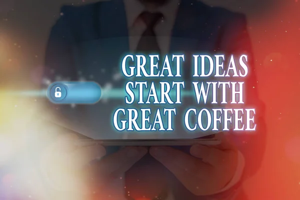 Texto de la palabra Great Ideas Start With Great Coffee. Concepto de negocio para tener una bebida caliente para inspirarse Candado de gráficos para el sistema de aplicación de seguridad de información de datos web . —  Fotos de Stock