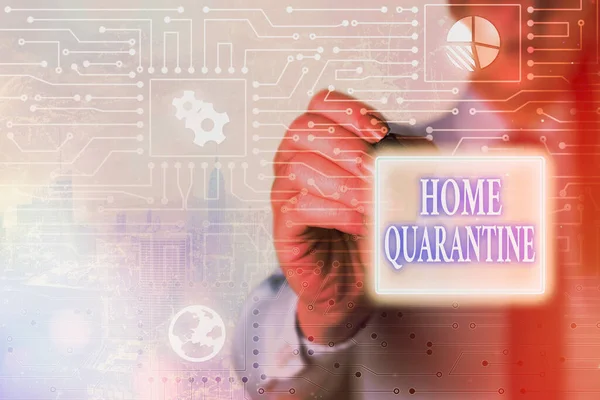 Handwriting text writing Home Quarantine. Concept meaning Encountered a possible exposure from the public for observation System administrator control, gear configuration settings tools concept. — Stock Photo, Image