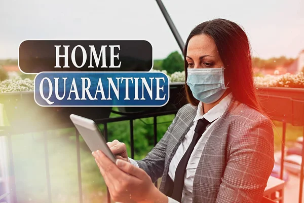 Conceptual hand writing showing Home Quarantine. Business photo text Encountered a possible exposure from the public for observation Promoting health awareness with precautionary medical equipment. — Stock Photo, Image