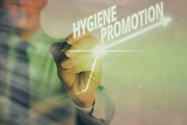 Slovo psaní textu Hygiena propagace. Obchodní koncept pro systematický program pro prevenci souvisejících nemocí s hygienou Šipka symbol jít nahoru označující body prokazující významné úspěchy. — Stock fotografie