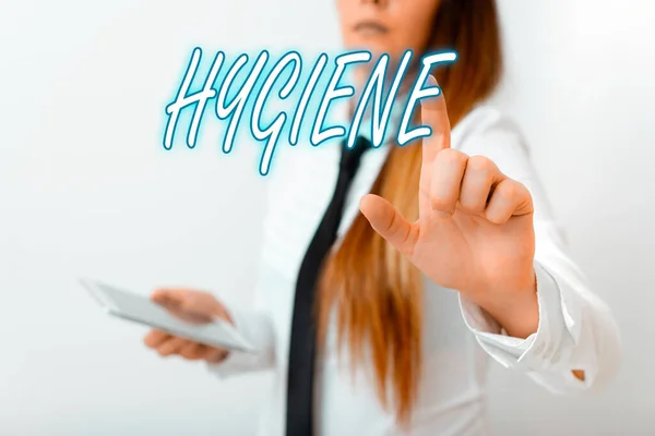 Word writing text Hygiene. Business-Konzept für das Studium der Wissenschaft der Gründung und Aufrechterhaltung der Gesundheit Modell mit dem Zeigefinger symbolisiert Navigation Fortschritt Wachstum. — Stockfoto