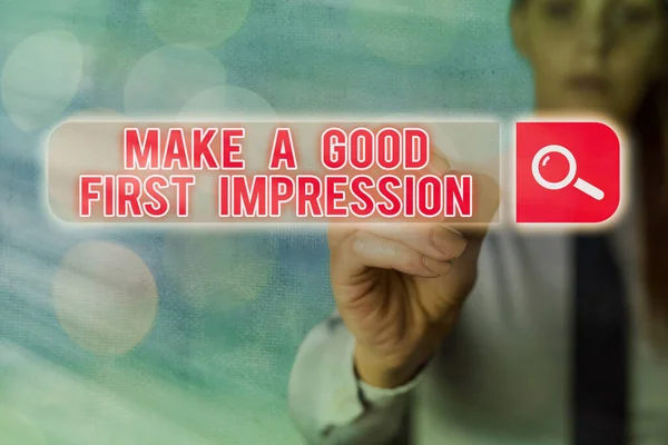 Writing note showing Make A Good First Impression. Business photo showcasing Introduce yourself in a great look and mood Web search digital information futuristic technology network connection. — Stock Photo, Image