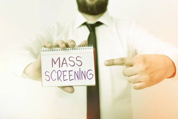Writing note showing Mass Screening. Business photo showcasing health evaluation performed at a large amount of population Model displaying different empty color notepad mock-up for writing idea. — Stock Photo, Image